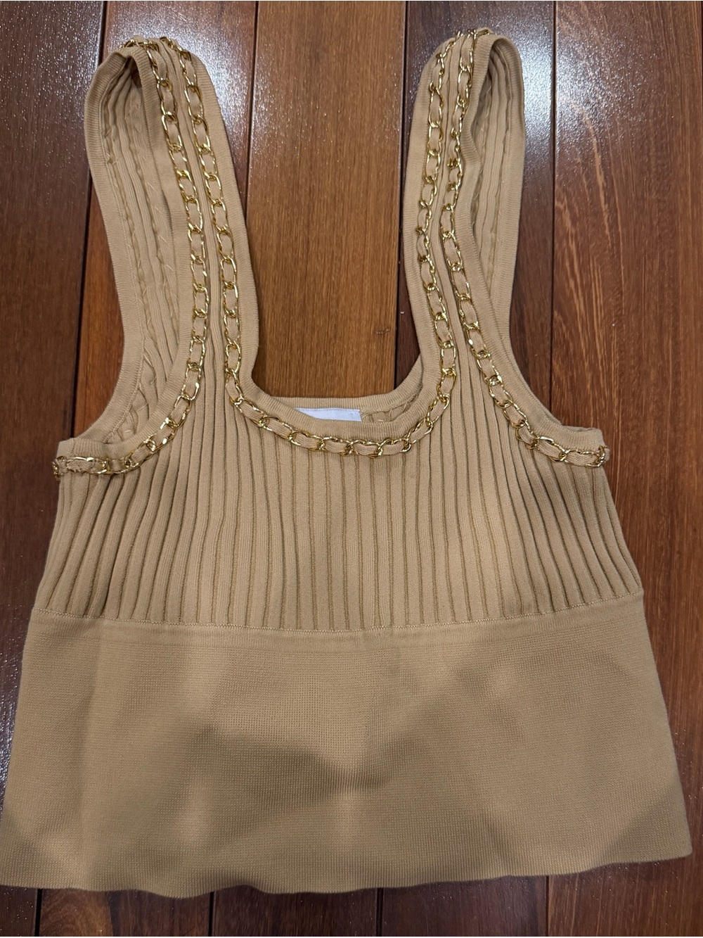 Sheike Camel Ribbed Knit Crop Top with Gold Chain Trim. Australian brand